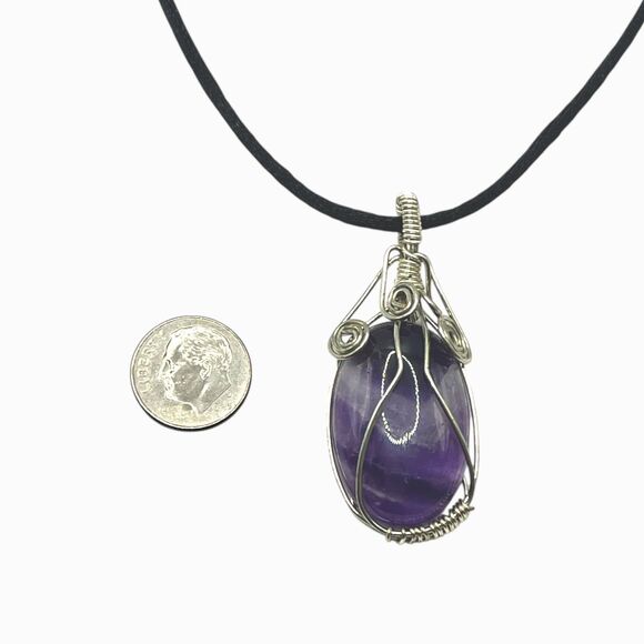 Wire Wrapped Purple Stone Pendant Necklace Black Cord Bohemian Mineral Jewelry - Picture 4 of 9